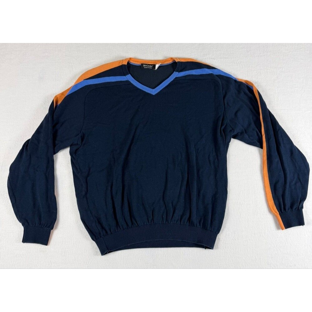 St. Croix Navy V-Neck Sweater Colorblock Stripes Mens L